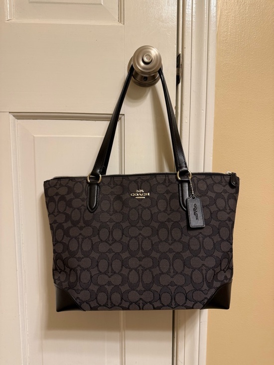 Coach Handbags - Coach Black/Charcoal Signature Tote with Leather Trim